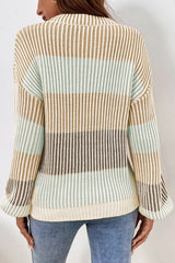 Brown Colorblock Textured Knit Bubble Sleeve Sweater Sweaters JT's Designer Fashion