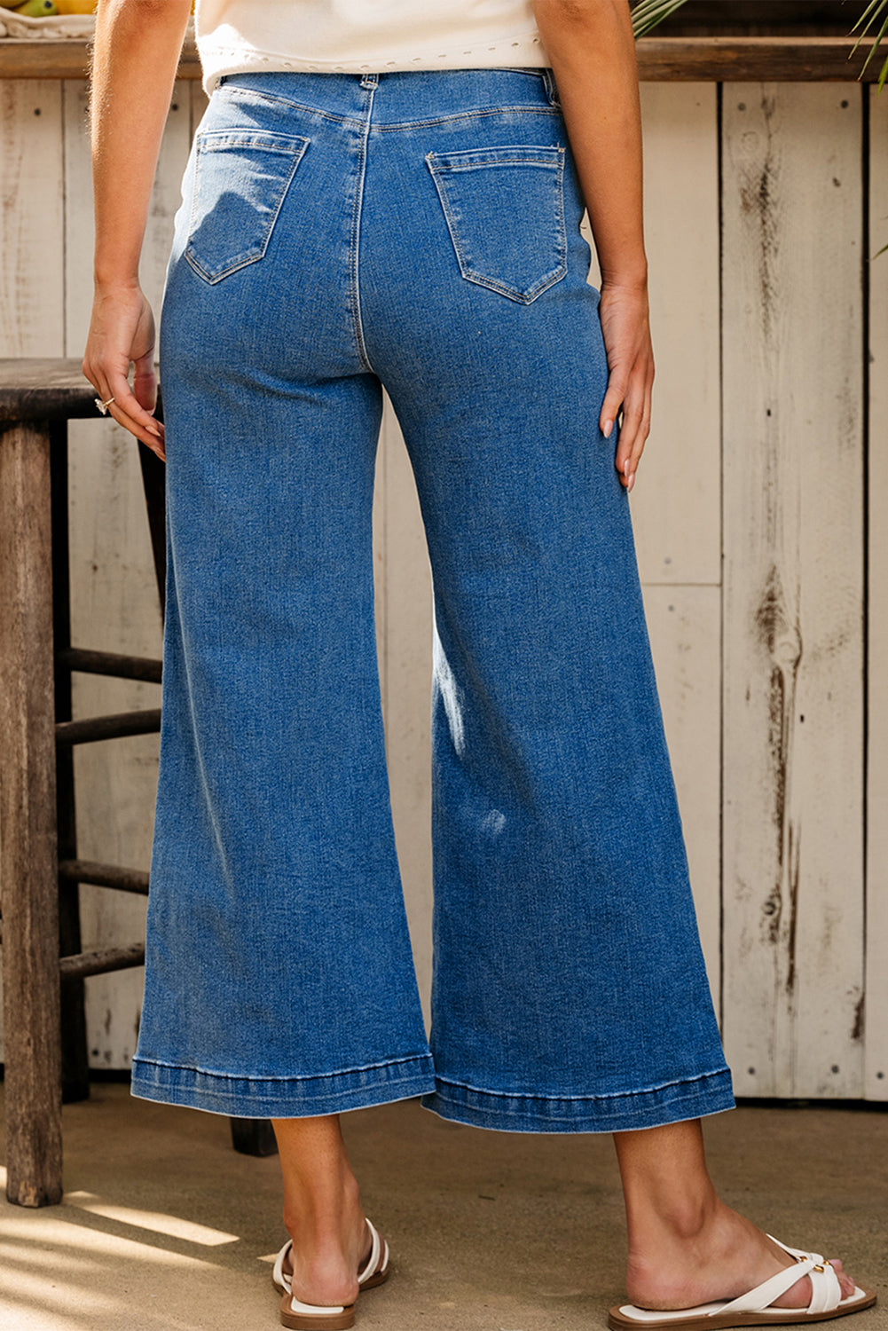 Dark Blue Plain Seam Detail Flared Bottom Ankle Length Jeans Jeans JT's Designer Fashion