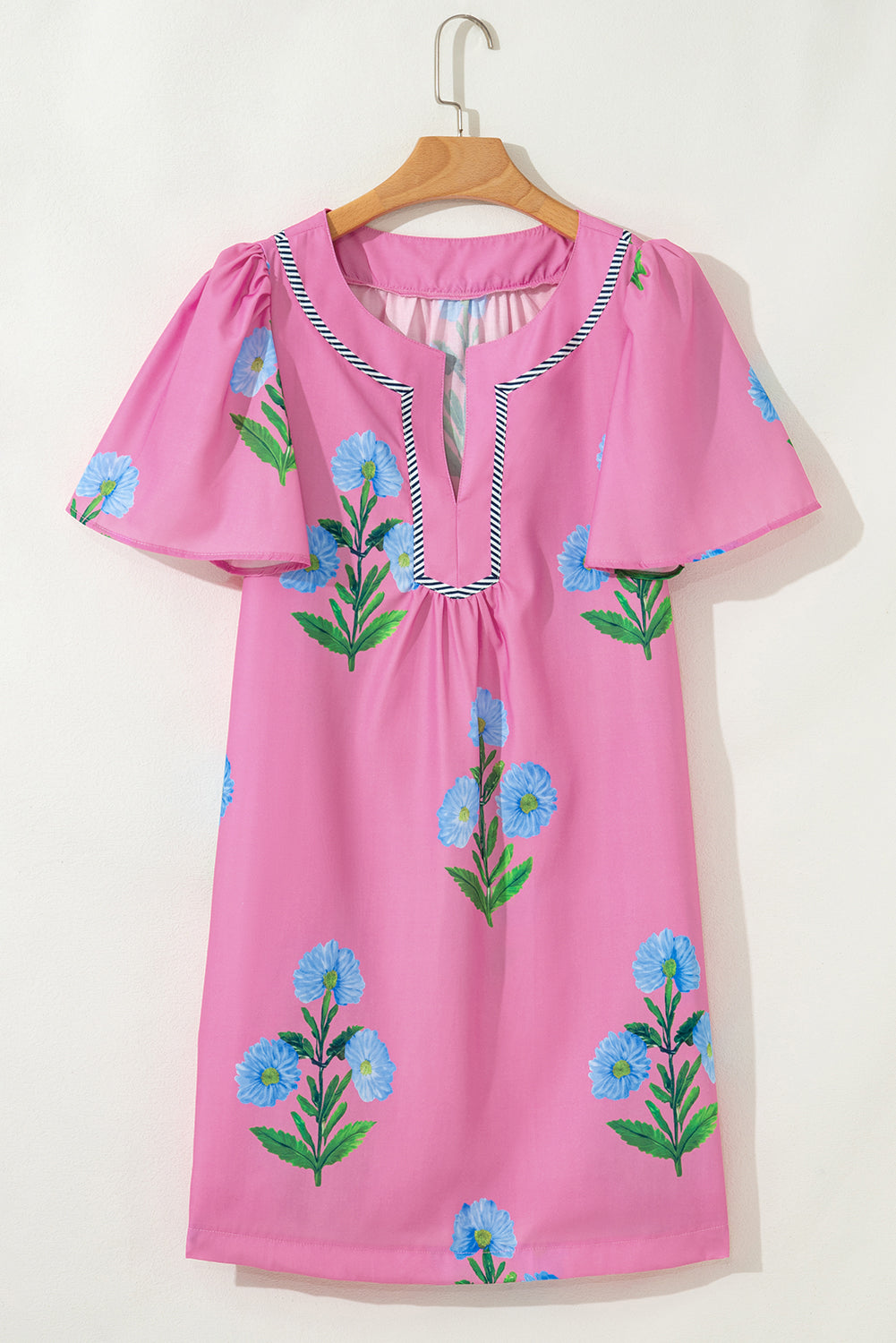 Rose Floral Short Sleeve Split Neck Loose Mini Dress Floral Dresses JT's Designer Fashion