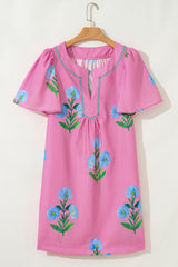 Rose Floral Short Sleeve Split Neck Loose Mini Dress Floral Dresses JT's Designer Fashion