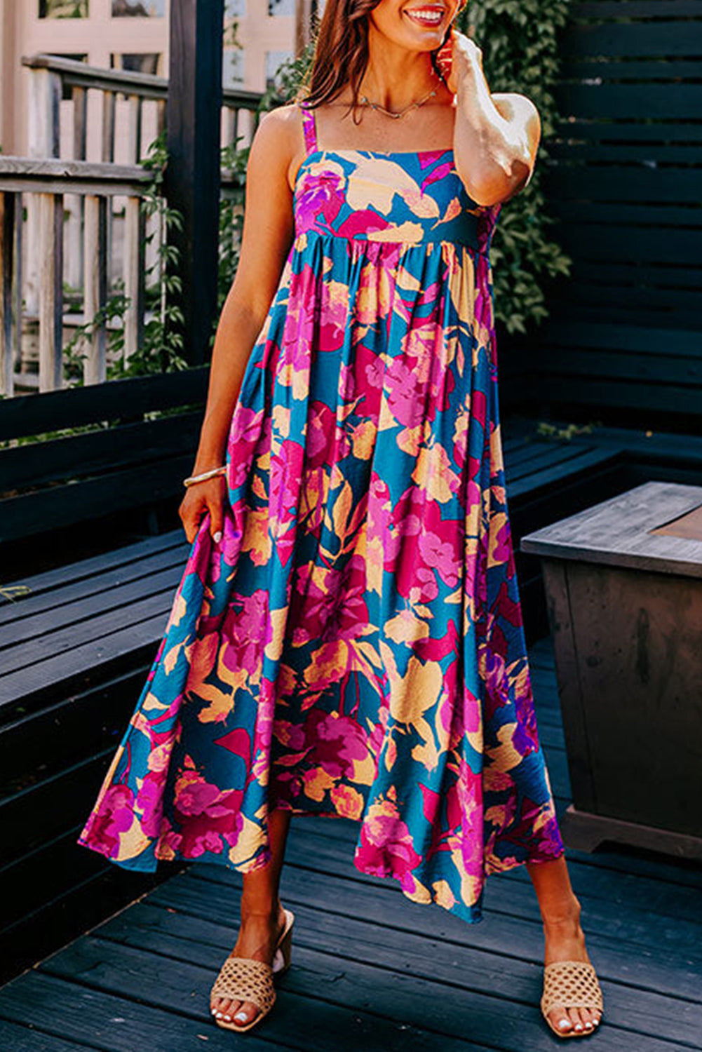Dark Blue Floral High Waist Sleeveless Flared Long Dress Floral Dresses JT's Designer Fashion