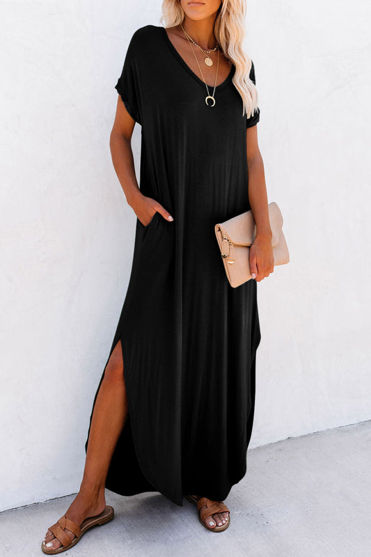 Black V Neck Hidden Pocket Splits Maxi T-shirt Dress Black 65%Polyester+30%Viscose+5%Elastane T Shirt Dresses JT's Designer Fashion