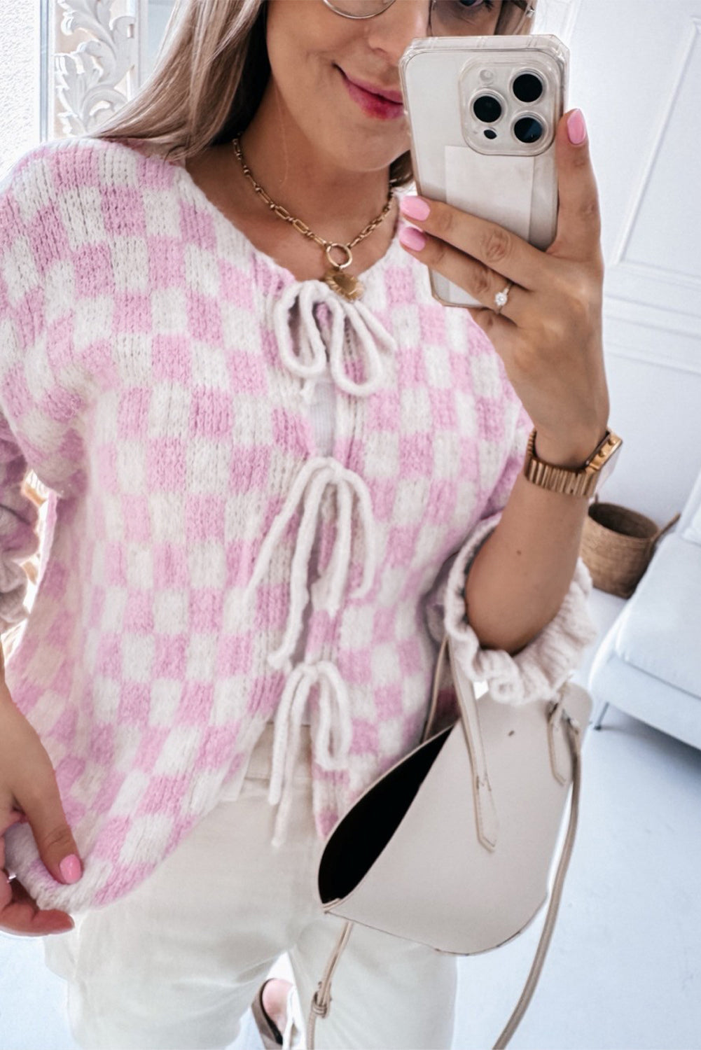 Light Pink Checkered Knitted Lace-up Ruffled 3/4 Sleeve Cardigan Cardigans JT's Designer Fashion