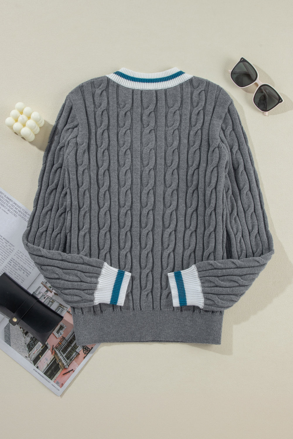 Medium Grey Color Contrast Ribbed Edge Cable Knit V Neck Sweater Sweaters JT's Designer Fashion