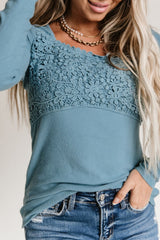 Sky Blue Lace Crochet V Neck Long Sleeve Top Long Sleeve Tops JT's Designer Fashion