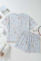 Gray Western Fashion Printed T Shirt Elastic Waist Shorts Set Short Sets JT's Designer Fashion