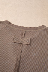 Coffee Acid Wash Waffle Knit Buttoned Neckline Long Sleeve Top Long Sleeve Tops JT's Designer Fashion