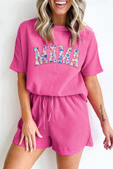 Rose Red MAMA Embroidered Leopard Letters Waffle Short Set Rose Red 75%Polyester+25%Viscose Graphic Sets JT's Designer Fashion