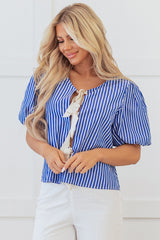 Blue Stripe Tied Front Puff Short Sleeve Blouse Blouses & Shirts JT's Designer Fashion
