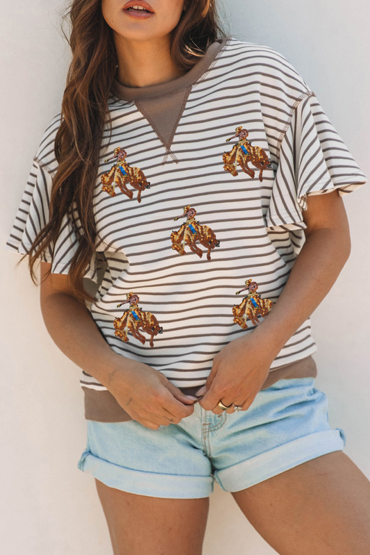 Parchment Sequin Rodeo Patch Pattern Striped Ruffled Sleeve Summer Top Graphic Tees JT's Designer Fashion