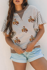 Parchment Sequin Rodeo Patch Pattern Striped Ruffled Sleeve Summer Top Graphic Tees JT's Designer Fashion