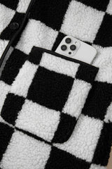 Black Checkered Side Pockets Collared Buttoned Fleece Jacket Jackets JT's Designer Fashion