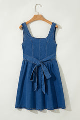 Sail Blue Square Neck Bowknot A-line Sleeveless Denim Dress JT's Designer Fashion