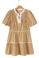 Pale Khaki Contrast Trim Pintuck Puff Sleeve Tied Neck Short Dress Mini Dresses JT's Designer Fashion
