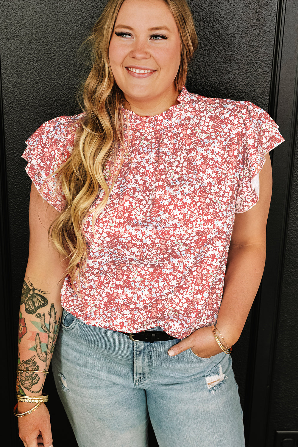 Pink Plus Size Floral Print Ruffled Sleeve Frilled Neck Blouse Plus Size Tops JT's Designer Fashion