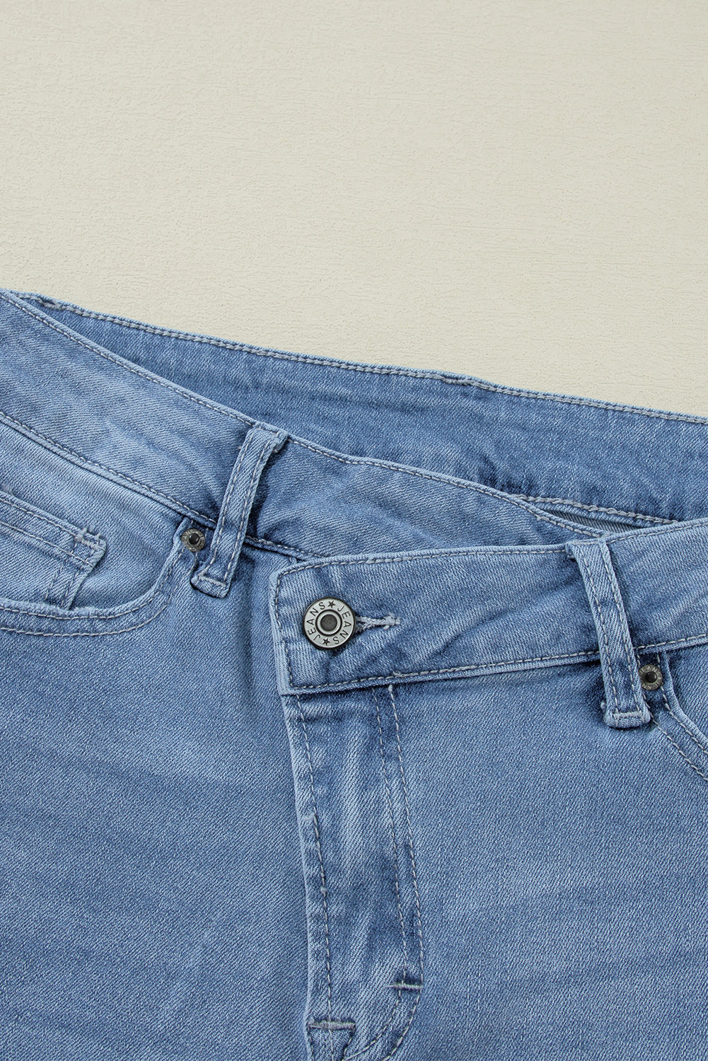 Dusk Blue High Rise Asymmetric Button Zip Fly Ripped Jeans Jeans JT's Designer Fashion