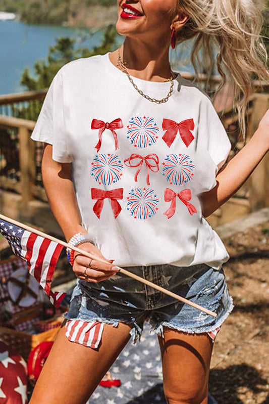 White July 4th Celerbration Bowknot Firework Graphic Tee Graphic Tees JT's Designer Fashion