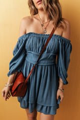 Real Teal Frilled Neckline 3/4 Sleeve Layered Ruched Mini Dress Mini Dresses JT's Designer Fashion