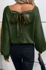 Jungle Green Lantern Sleeve V Neck Knot Back Sweater Sweaters JT's Designer Fashion