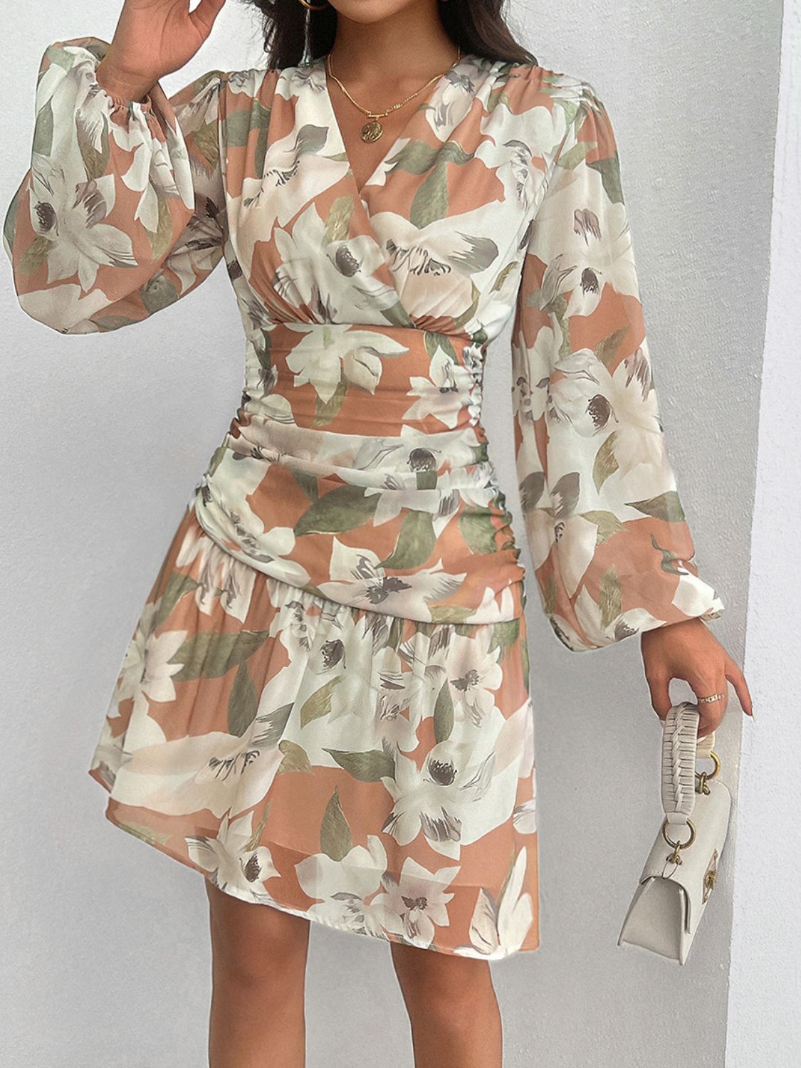 Smocked Printed Long Sleeve Dress Mini Dresses JT's Designer Fashion