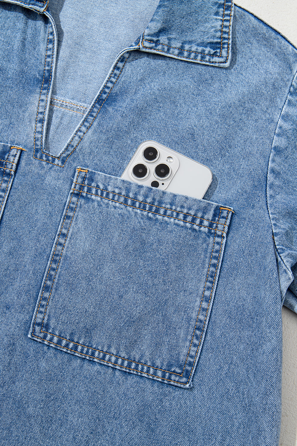 Beau Blue Short Sleeve Collared Patched Pocket Denim Mini Dress Mini Dresses JT's Designer Fashion