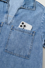 Beau Blue Short Sleeve Collared Patched Pocket Denim Mini Dress Mini Dresses JT's Designer Fashion