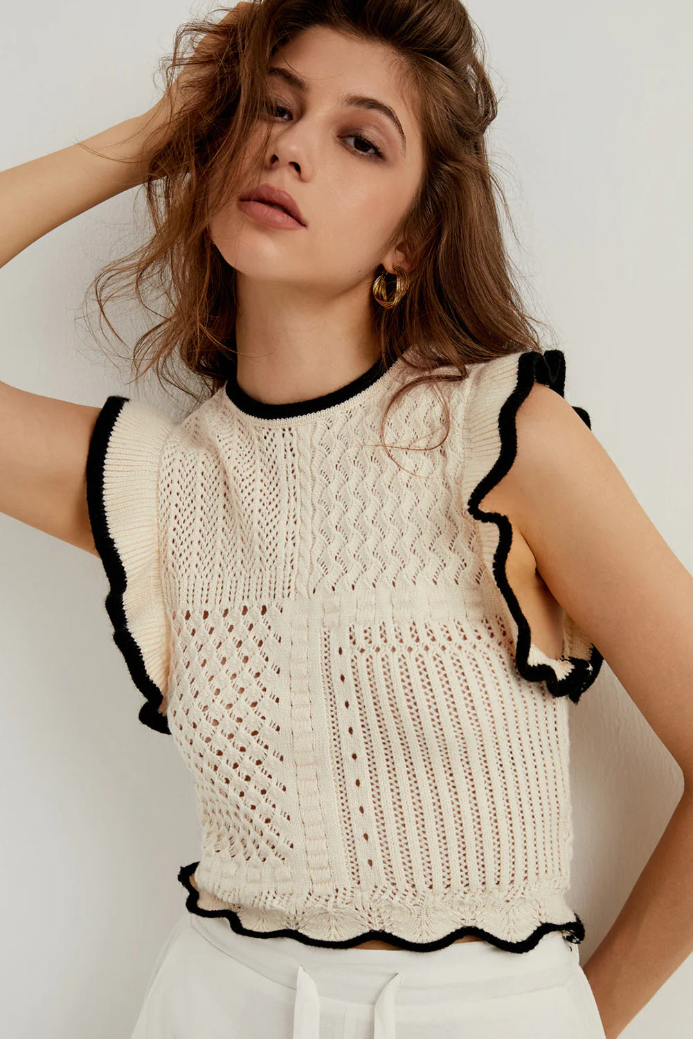 Apricot Crochet Eyelet Flounce Tank Top Sweaters & Cardigans JT's Designer Fashion