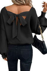 Black Lantern Sleeve V Neck Knot Back Sweater Sweaters JT's Designer Fashion