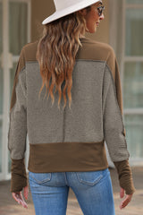 Brown Contrast Patchwork Thumbhole Sleeve Top Long Sleeve Tops JT's Designer Fashion