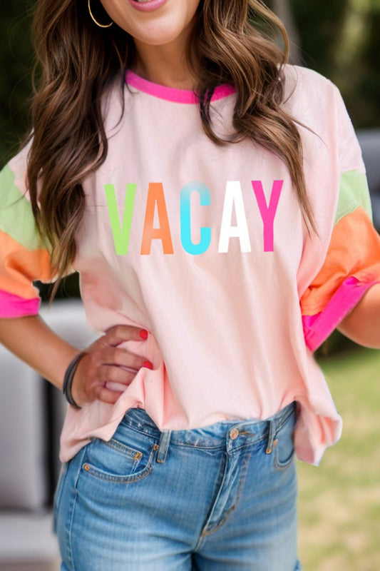 Letter Graphic Color Block Round Neck Half Sleeve T-Shirt Watermelon pink Graphic Tees JT's Designer Fashion