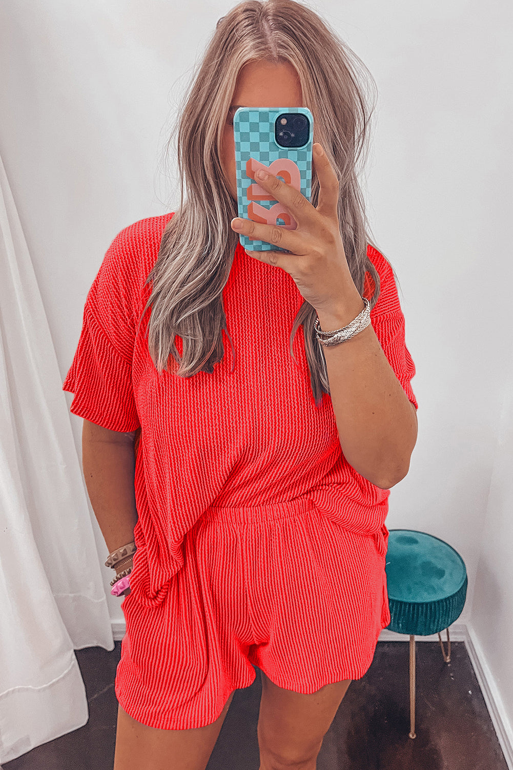 Ribbed Textured Knit Loose Fit Tee and Shorts Set Short Sets JT's Designer Fashion