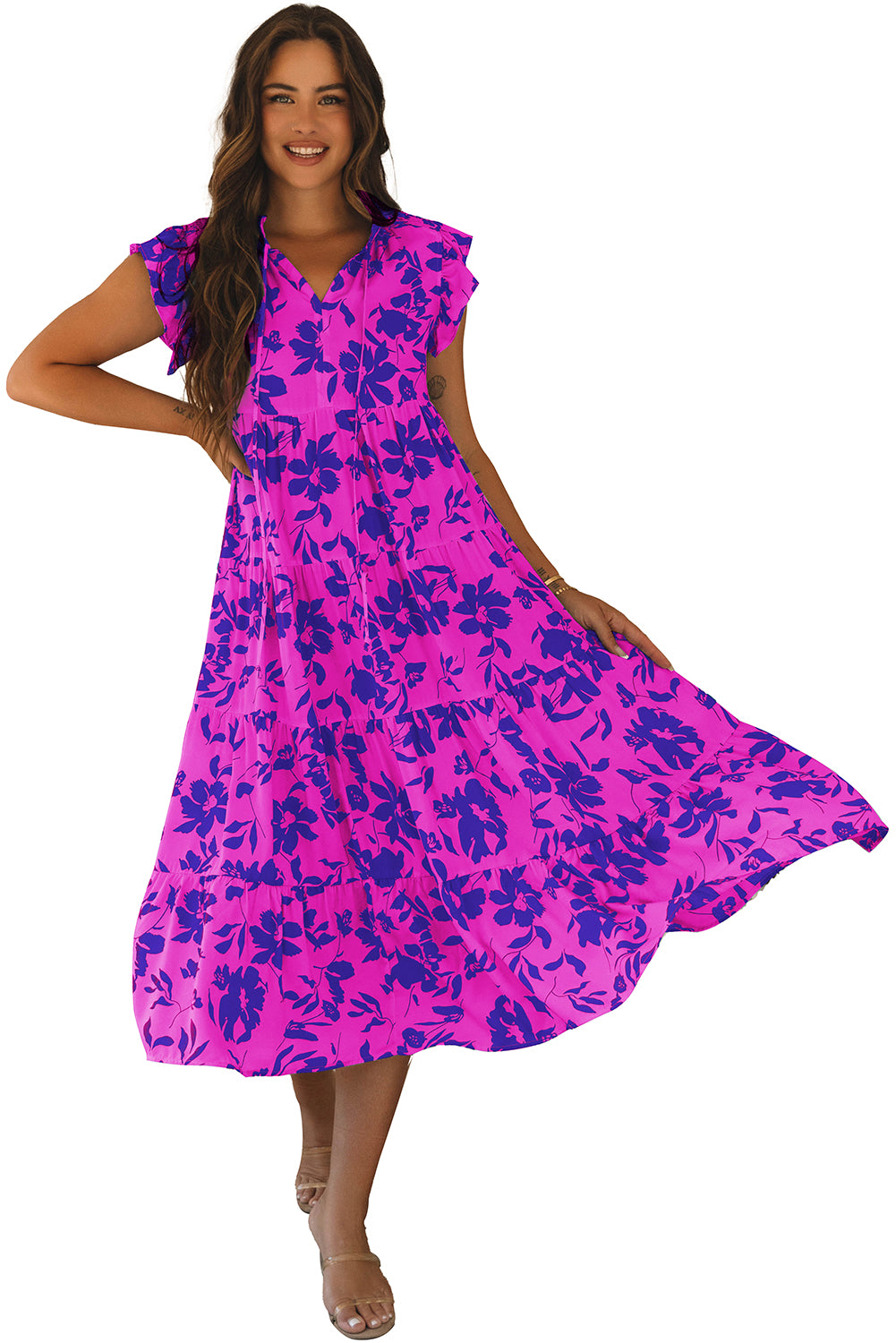 Rose Floral Print Tiered Frilled Trim Flutter Sleeve Maxi Dress Floral Dresses JT's Designer Fashion