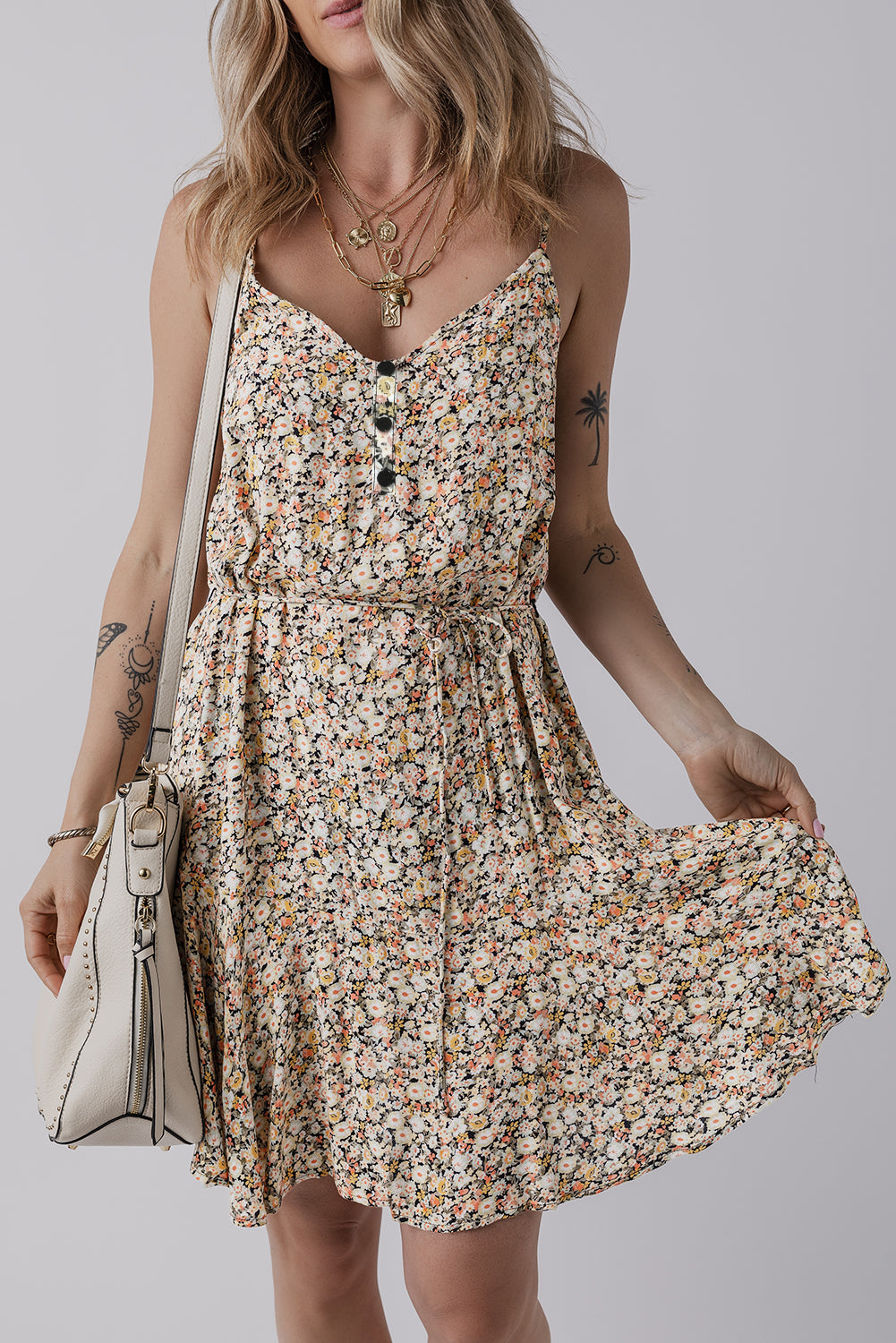 Khaki Boho Floral Printed Tie Waist Flared Sundress Floral Dresses JT's Designer Fashion