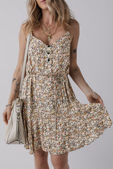 Khaki Boho Floral Printed Tie Waist Flared Sundress Floral Dresses JT's Designer Fashion