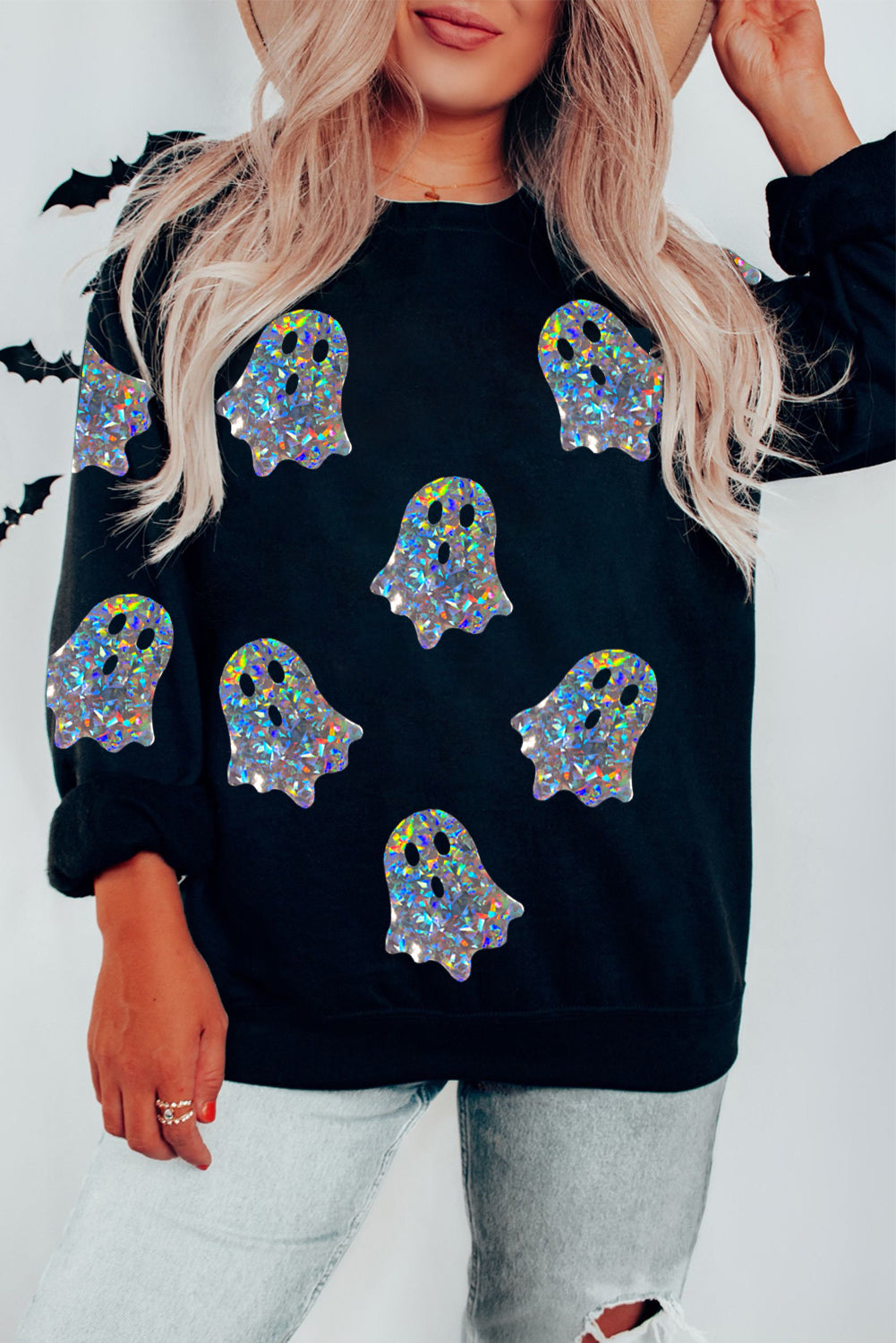 Black Glitter Ghosts Pattern Long Sleeve Halloween Sweatshirt Black 50%Polyester+50%Cotton Graphic Sweatshirts JT's Designer Fashion