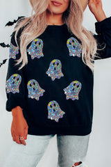 Black Glitter Ghosts Pattern Long Sleeve Halloween Sweatshirt Black 50%Polyester+50%Cotton Graphic Sweatshirts JT's Designer Fashion