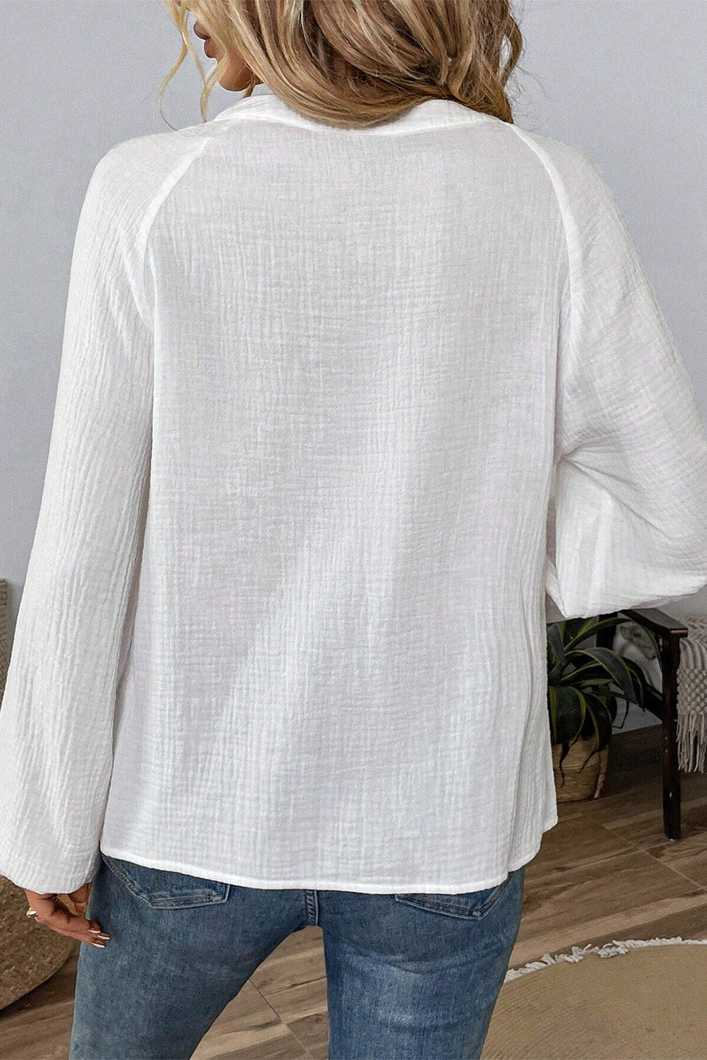 White Paisley Embroidered Textured Split Neck Long Puff Sleeve Blouse Blouses & Shirts JT's Designer Fashion