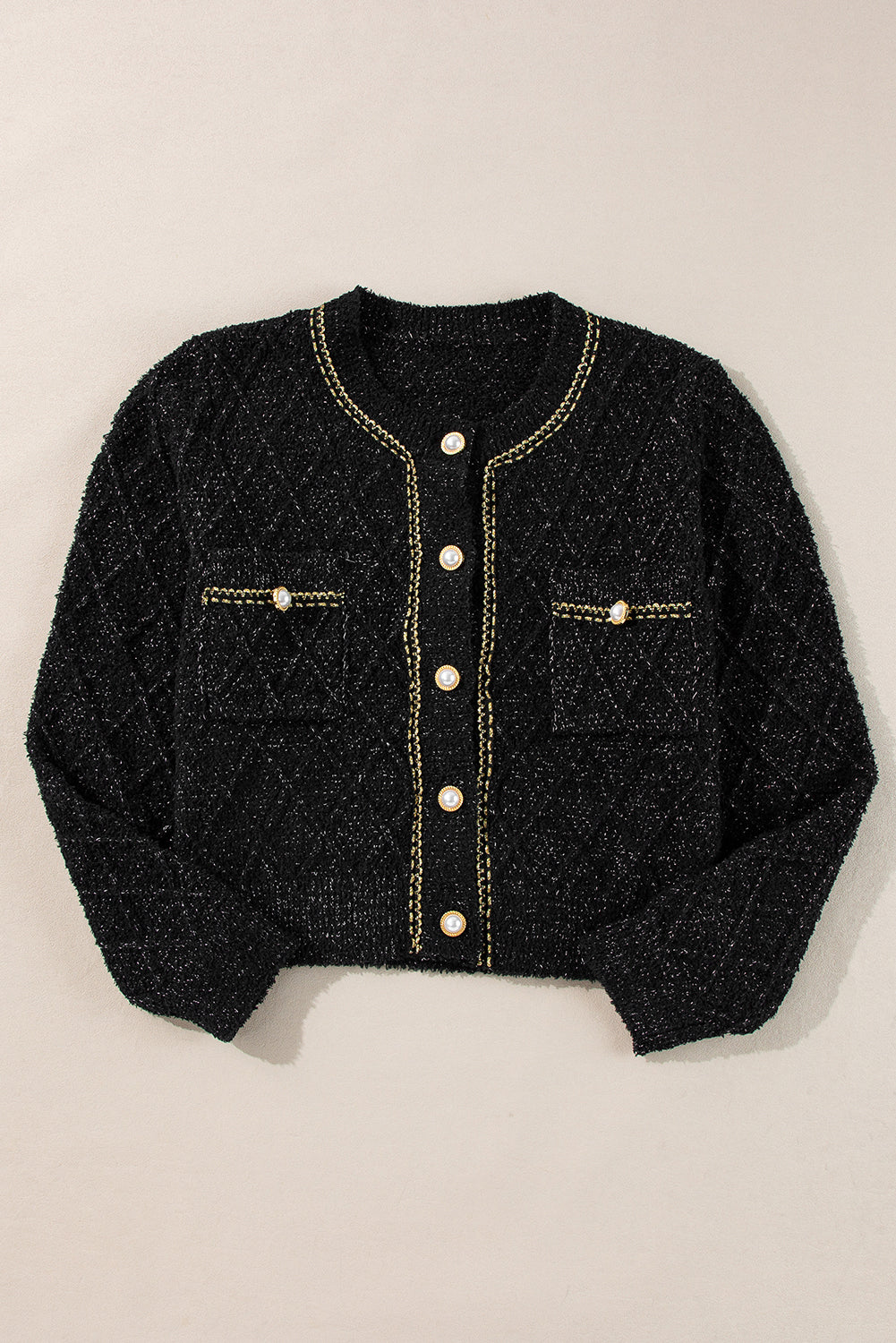 Black Shimmer Flap Pocket Button up Cardigan Cardigans JT's Designer Fashion