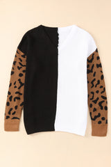 Leopard Print Contrast Color V Neck Sweater Sweaters & Cardigans JT's Designer Fashion