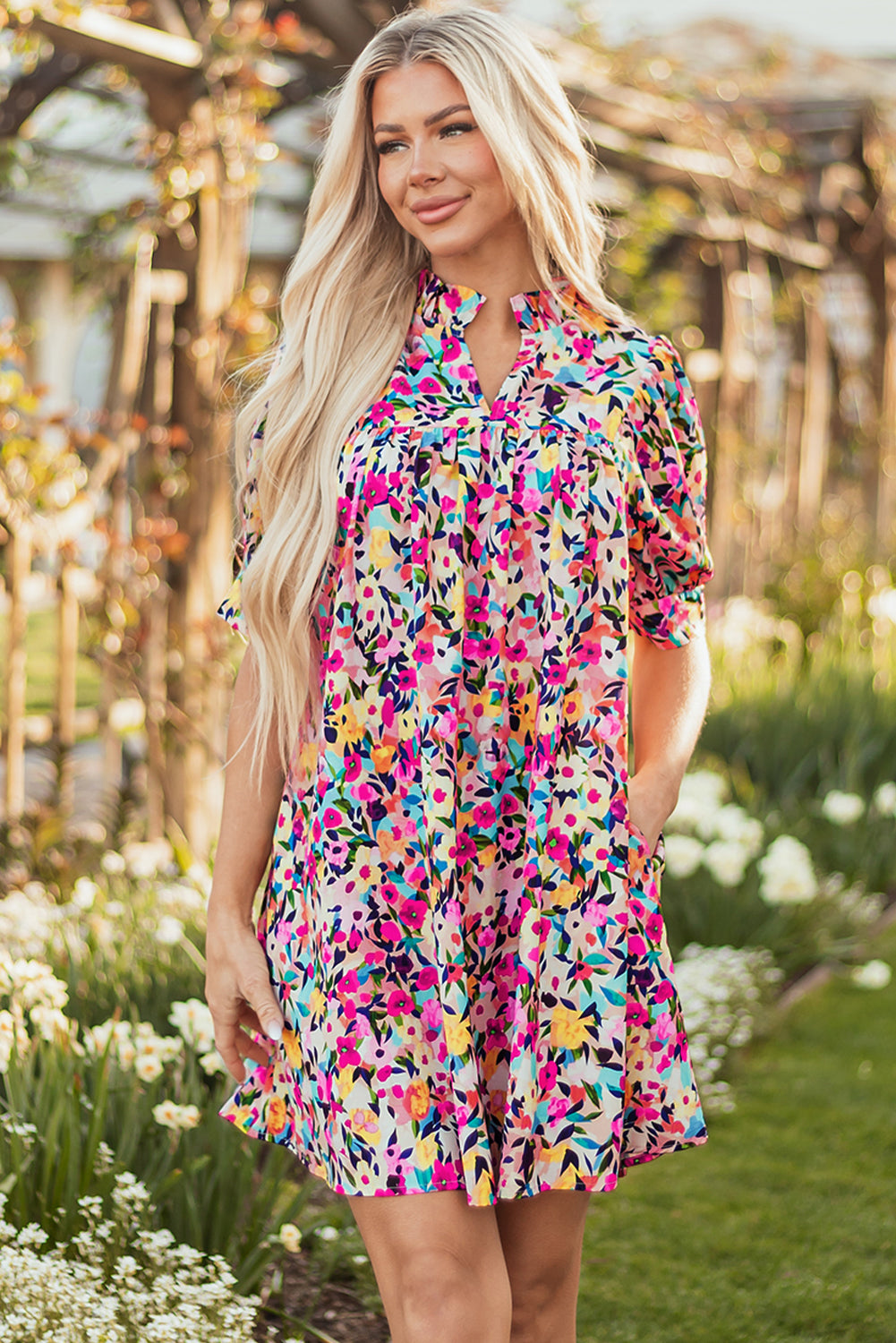 Pink Floral Puff Short Sleeve V Neck Mini Dress Pink 100%Polyester Floral Dresses JT's Designer Fashion