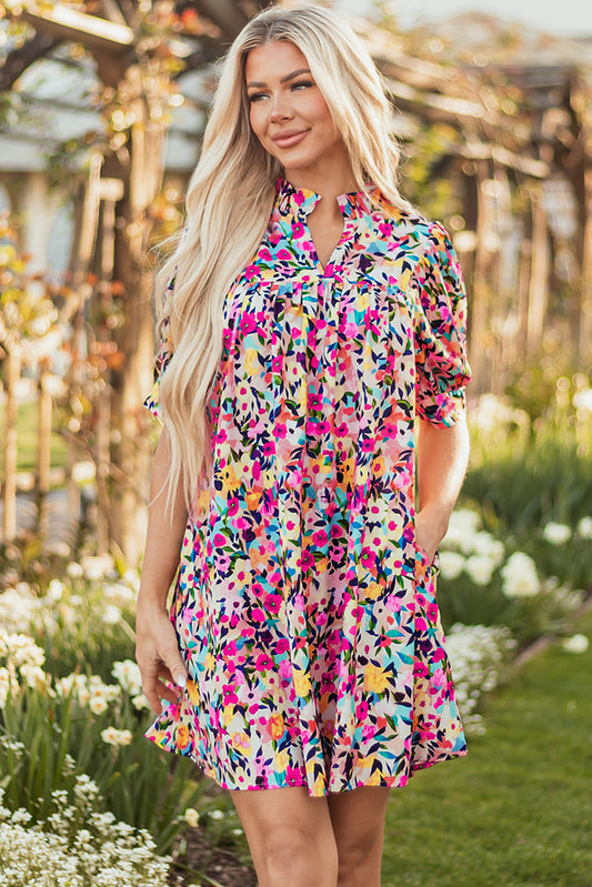 Pink Floral Puff Short Sleeve V Neck Mini Dress Pink 100%Polyester Floral Dresses JT's Designer Fashion
