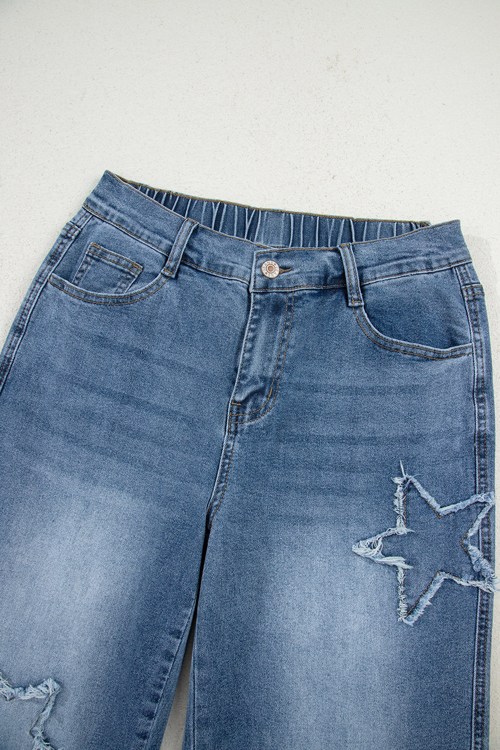 Stone Blue Star Patchwork Cropped Wide Leg High Waist Jeans Jeans JT's Designer Fashion
