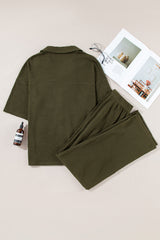 Four Leaf Clover Solid Color Textured Buttoned Shirt and Casual Pants Set Pant Sets JT's Designer Fashion