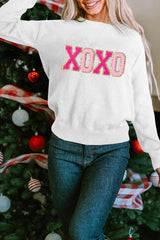 White XOXO Glitter Print Round Neck Casual Sweater Sweaters JT's Designer Fashion