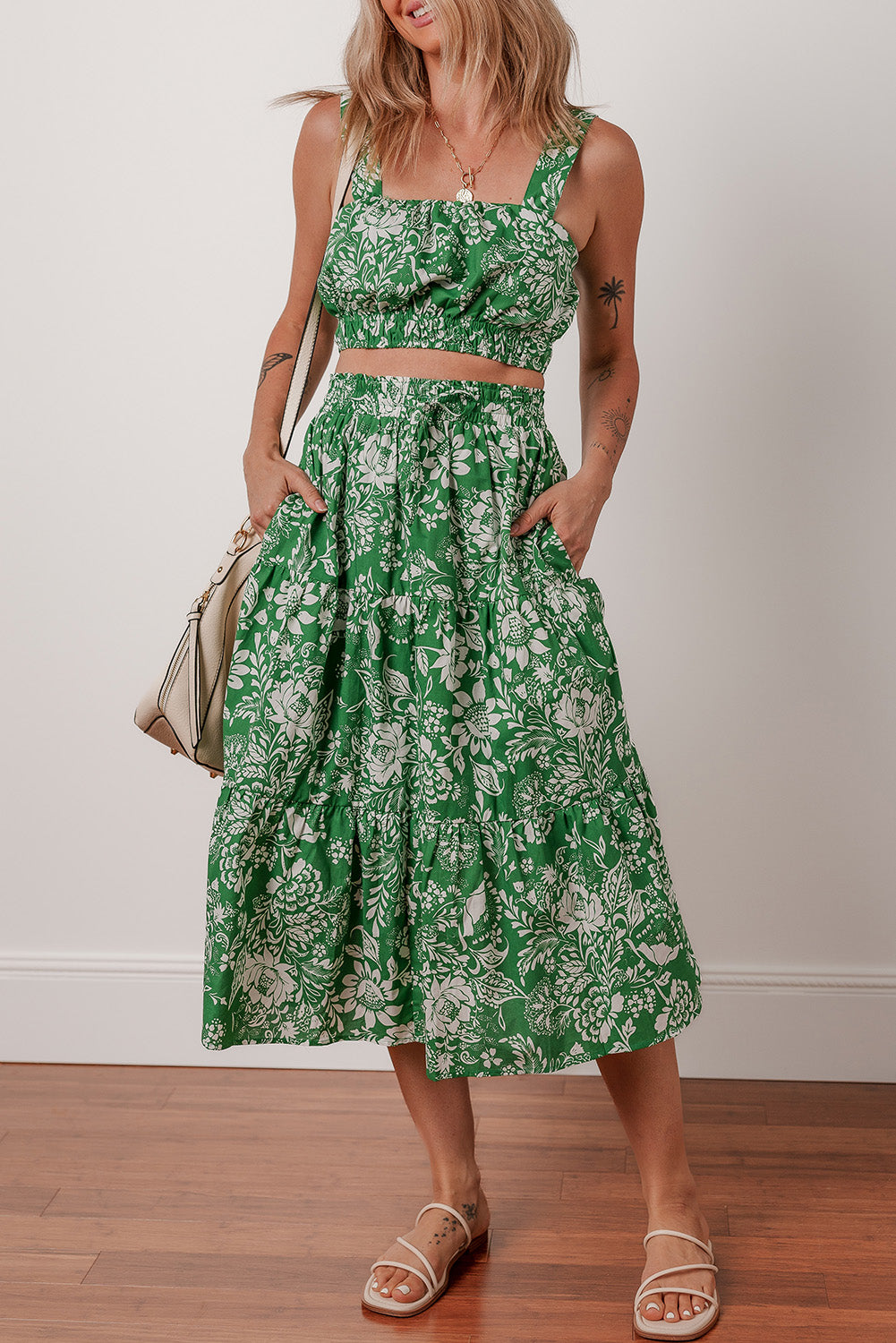 Green Floral Print Shirred Crop Top and High Waist Midi Skirt Set Two Piece Dresses JT's Designer Fashion