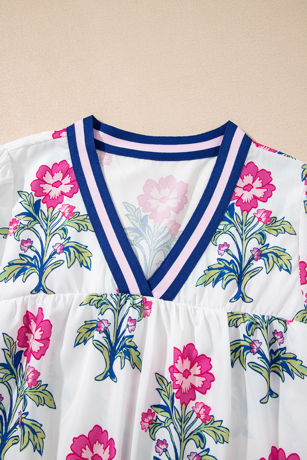 White Floral Print Striped V Neck Blouse Blouses & Shirts JT's Designer Fashion