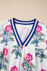 White Floral Print Striped V Neck Blouse Blouses & Shirts JT's Designer Fashion
