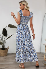 Sky Blue Boho Print Smocked High Waist Long Dress Maxi Dresses JT's Designer Fashion