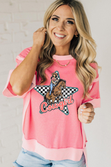 Peach Blossom Cowgirl Checkered Star Shape Print Exposed Seam T Shirt Graphic Tees JT's Designer Fashion
