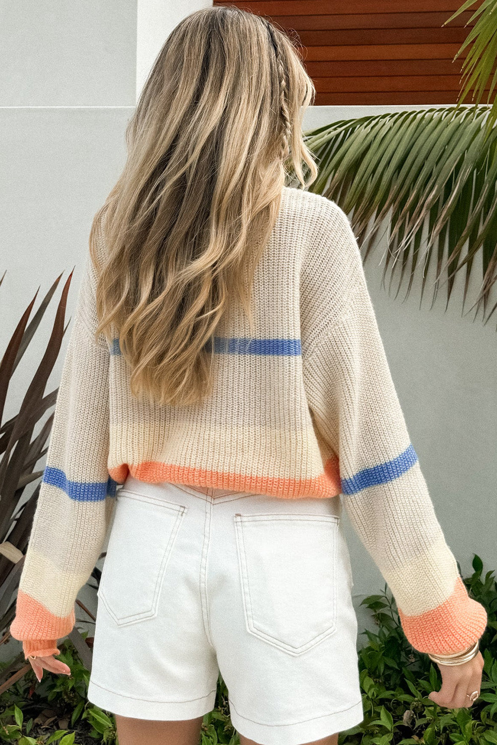 Beige Colorblock Striped Drop Shoulder Cozy Sweater Sweaters JT's Designer Fashion